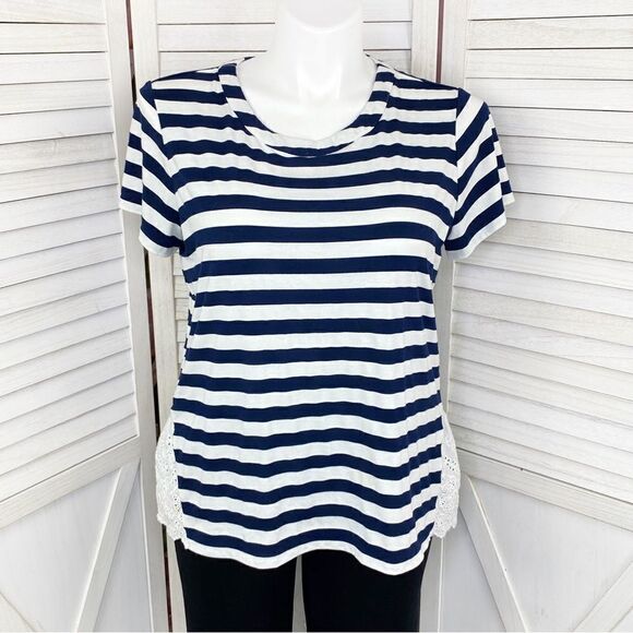 Skies Are Blue Michelle Striped Eyelet Hem Shirt Top Blue White XL - Picture 2 of 12